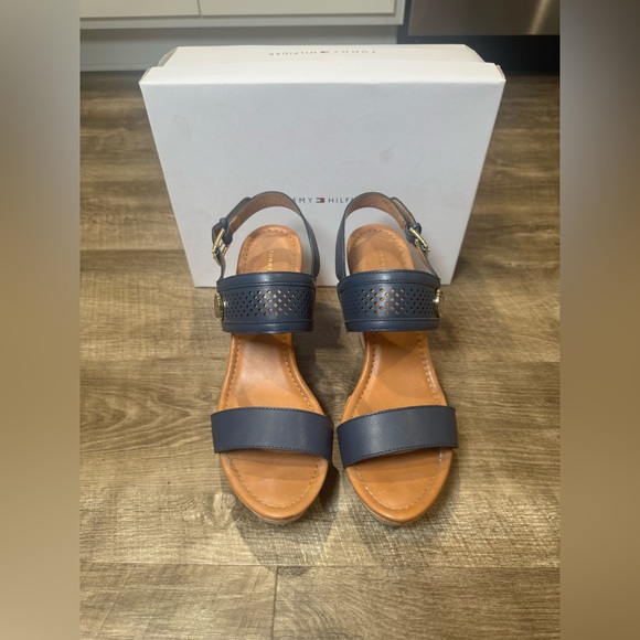 Tommy Hilfiger Blue Cork Platform Wedge Sandals Size 10 M Gold Buckle Open Toe - Picture 1 of 10